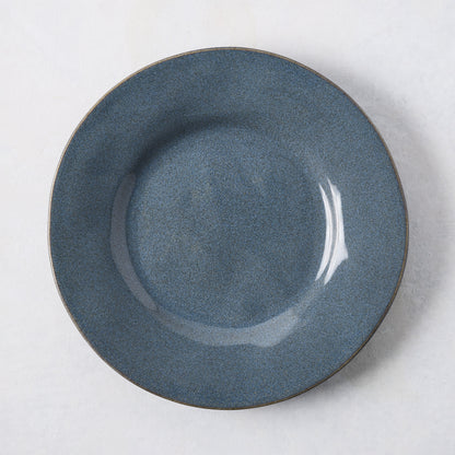 Artisan blue painted stoneware salad plate, 8.78" diameter, with a wide lip and clean edges.