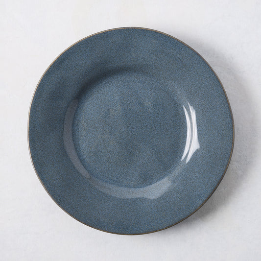 Artisan blue painted stoneware salad plate, 8.78" diameter, with a wide lip and clean edges.