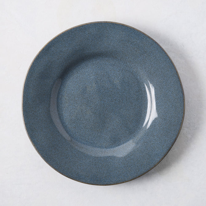 Artisan blue painted stoneware salad plate, 8.78" diameter, with a wide lip and clean edges.