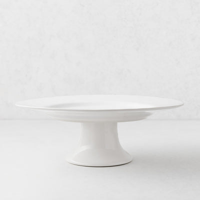 Artisan Stoneware Cake Stand, creamy white glaze, 12.79"Dia x 4.53"H, wide lip, clean edges.