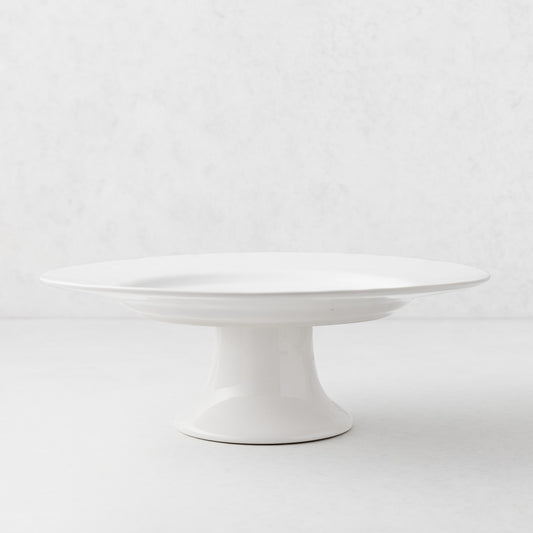 Artisan Stoneware Cake Stand, creamy white glaze, 12.79"Dia x 4.53"H, wide lip, clean edges.
