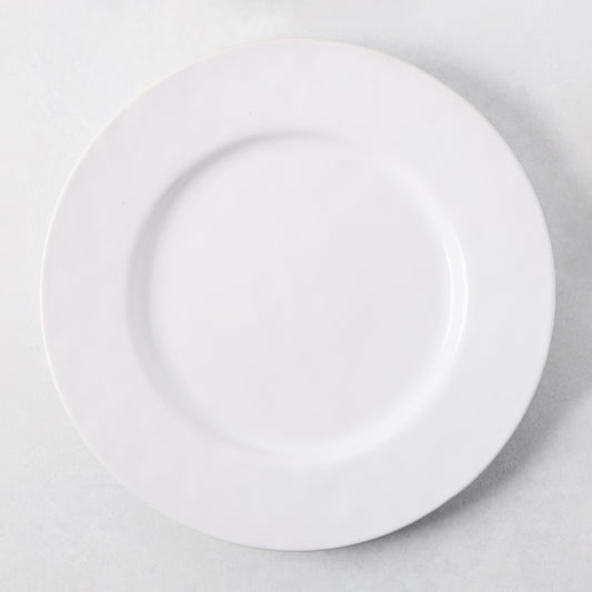 Artisan Stoneware Oversized Dinner Plate, creamy white, 12.75"Dia, wide lip, clean edges.