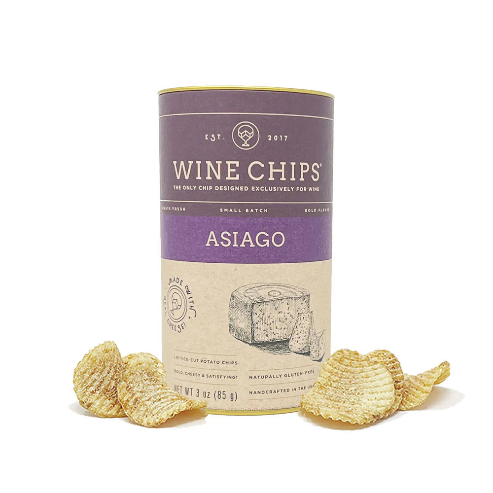 Purple Wine Chips Asiago 3oz canister with lattice-cut potato chips scattered around.