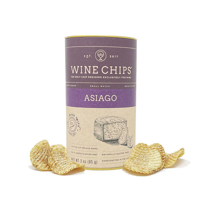 Purple Wine Chips Asiago 3oz canister with lattice-cut potato chips scattered around.