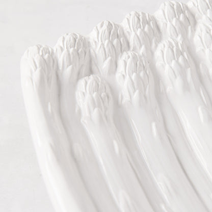 White ceramic serving dish, vintage-inspired asparagus design, 13"L x 9.5"W.