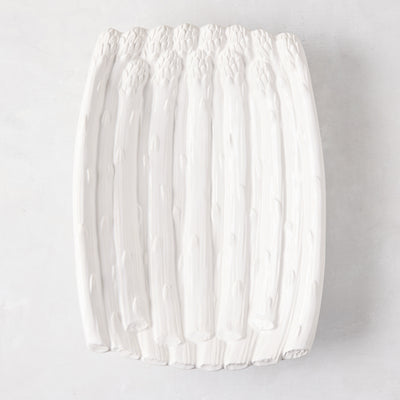 White ceramic serving dish, 13"L x 9.5"W, shaped like a bundle of asparagus.