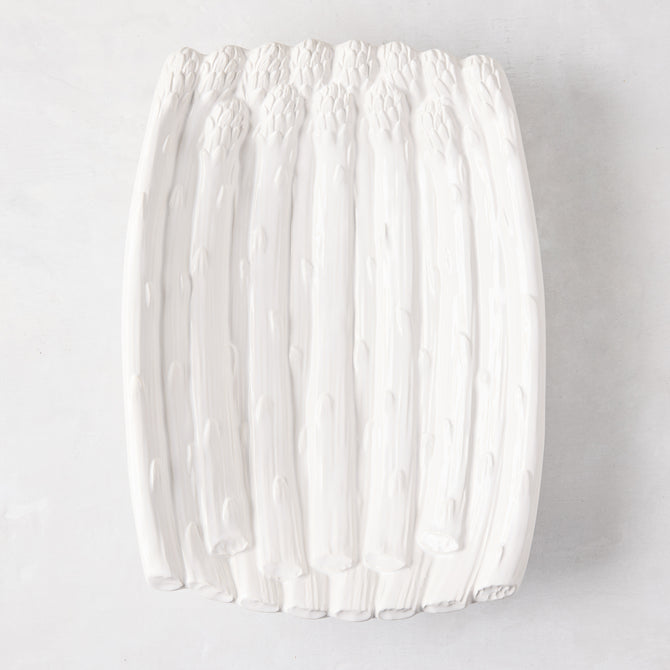 White ceramic serving dish, 13"L x 9.5"W, shaped like a bundle of asparagus.