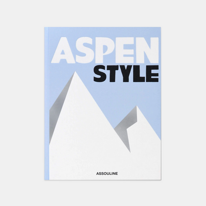 Aspen Style" hardcover book with light blue cover, white mountains, and black text.