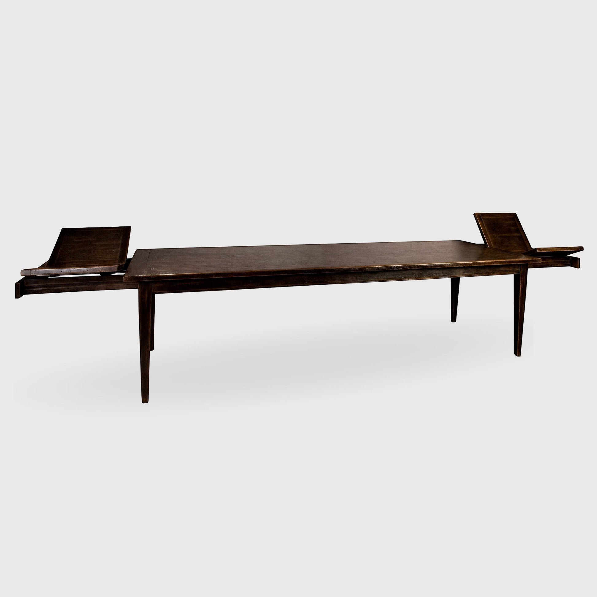 Auberge extendable oak dining table, mahogany color with vintage patina, butterfly leaves partially extended.