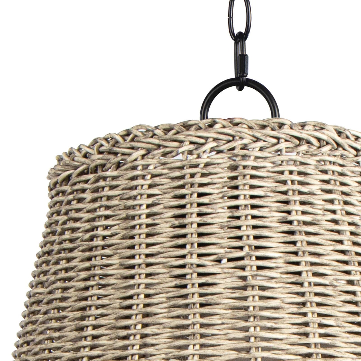 Augustine Small Outdoor Pendant Light with a tapered drum, woven gray plastic shade, and black chainlink.