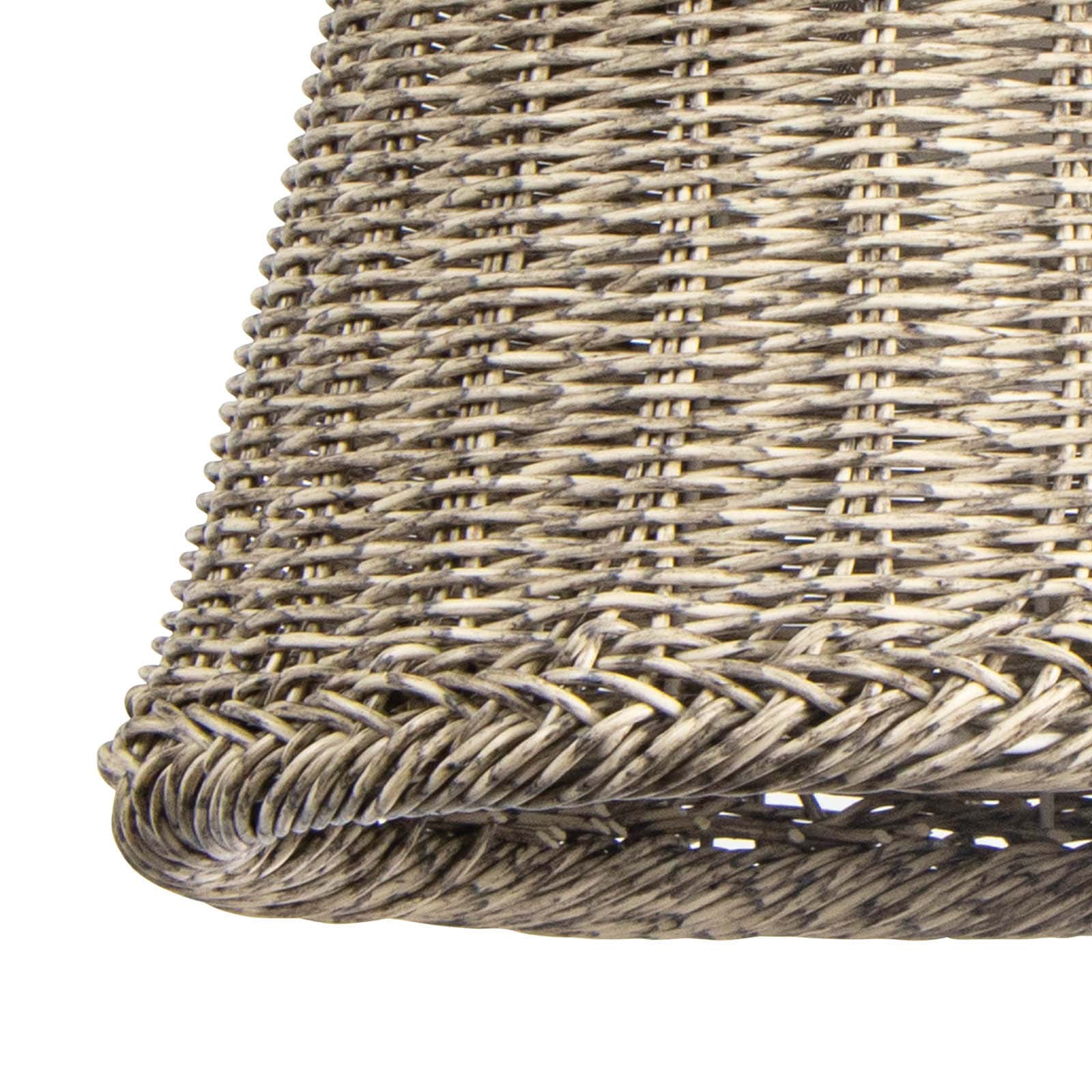 Close-up of Augustine Small Outdoor Pendant Light, showing the tapered drum shape and woven weather-resistant plastic.