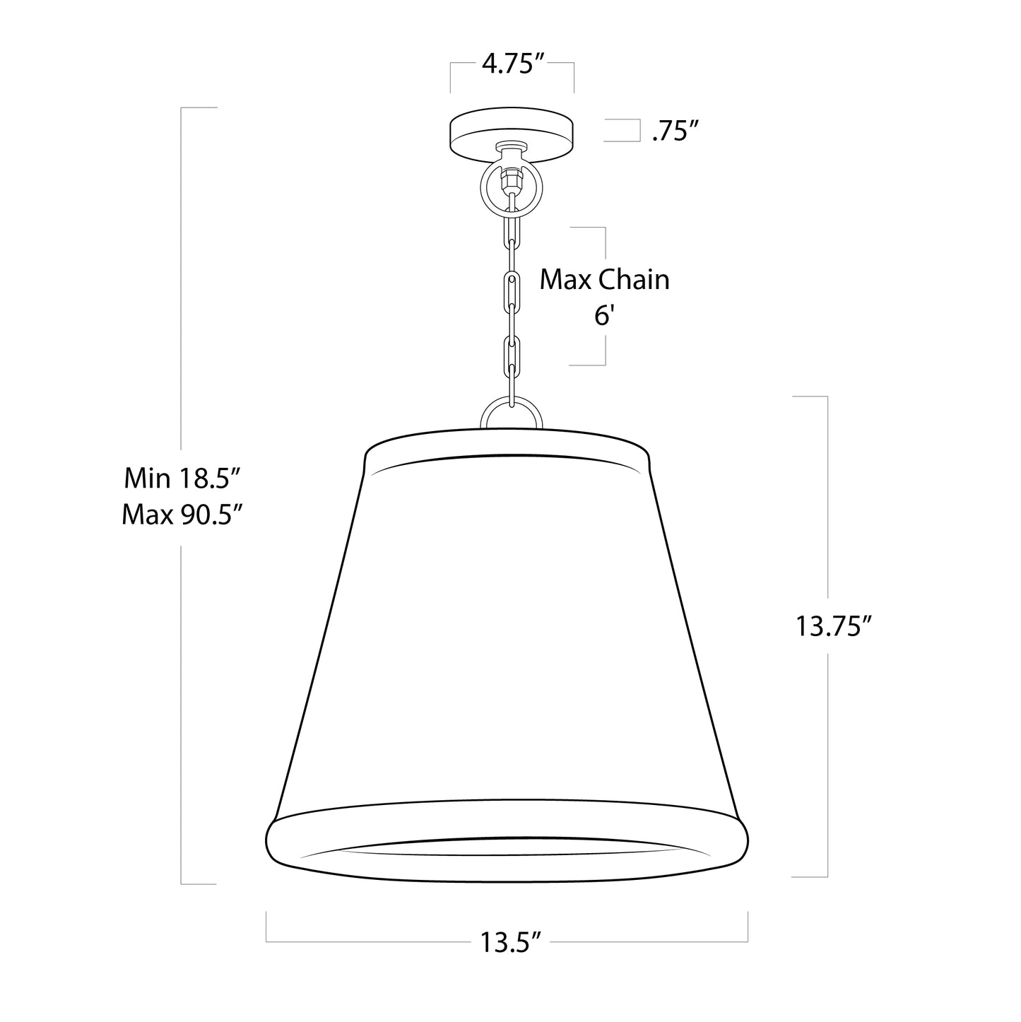Line drawing of Augustine Small Outdoor Pendant Light with dimensions: 13.75"H x 13.5"Dia, Max Chain 6'.