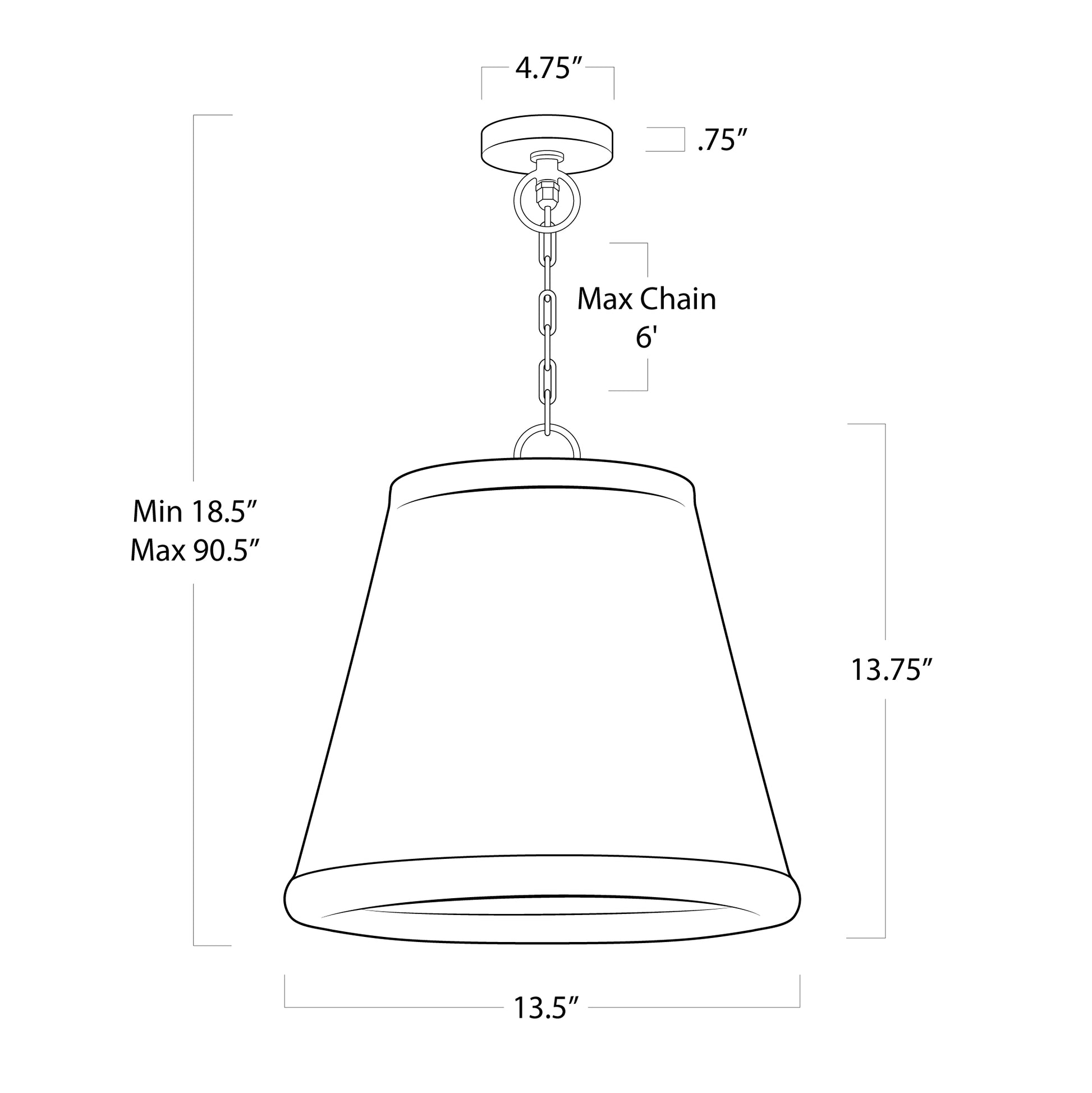 Line drawing of Augustine Small Outdoor Pendant Light with dimensions: 13.75"H x 13.5"Dia, Max Chain 6'.