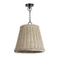 Augustine Small Outdoor Pendant Light with a tapered drum, woven light-beige shade and black chain.