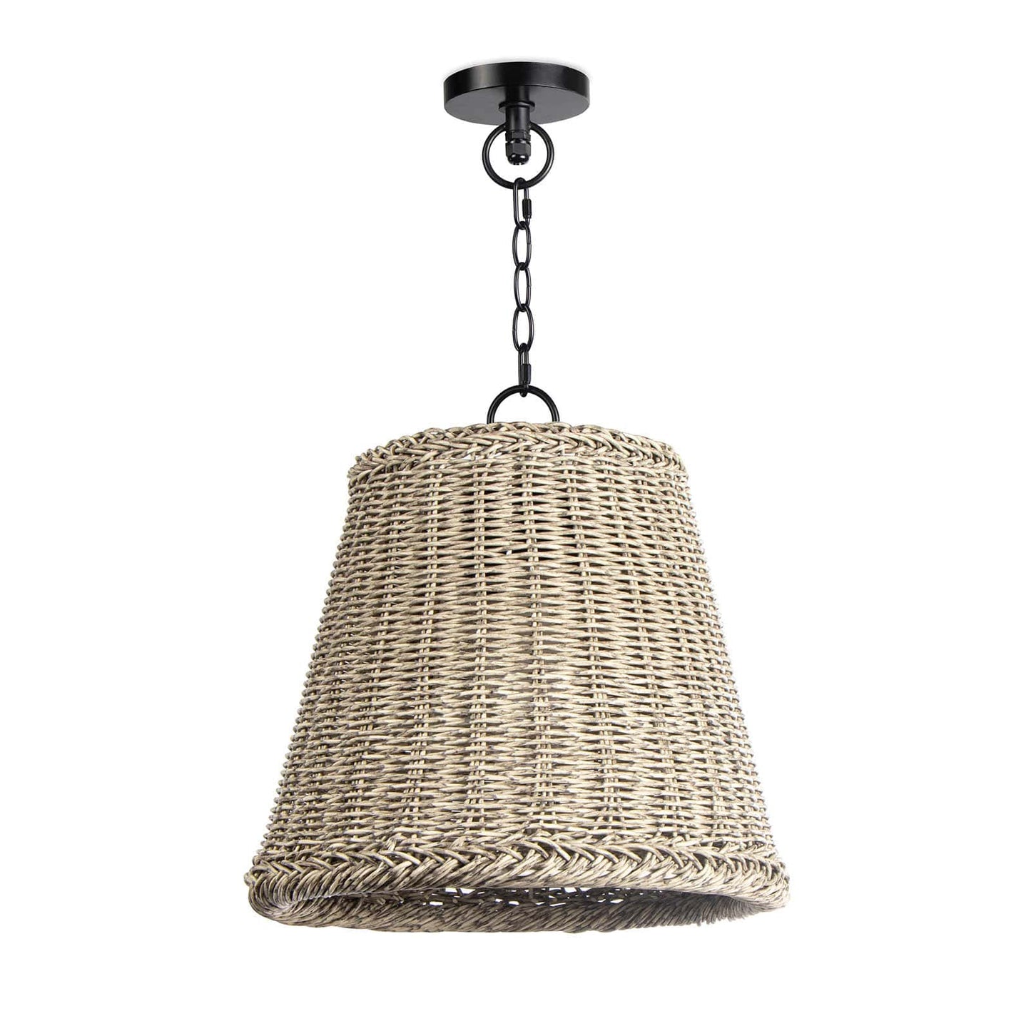 Augustine Small Outdoor Pendant Light with a tapered drum, woven light-beige shade and black chain.