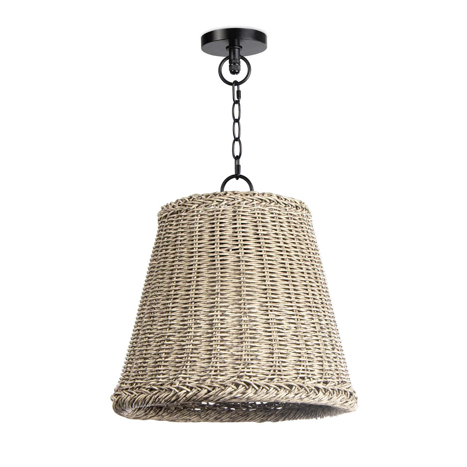 Augustine Small Outdoor Pendant Light with a tapered drum, woven light-beige shade and black chain.
