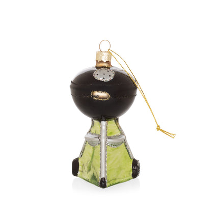 Hand-painted glass and resin Christmas ornament shaped like a black and green backyard grill with glitter accents.