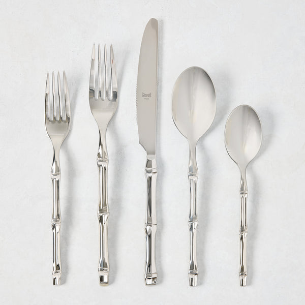 Bali Stainless Steel 5-piece flatware set with bamboo-textured handles.