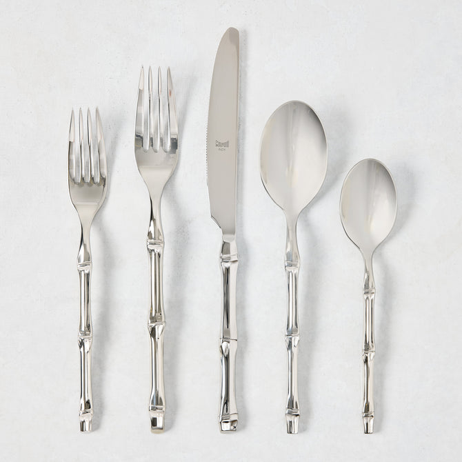Bali Stainless Steel 5-piece flatware set with bamboo-textured handles.