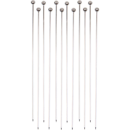 Set of 12 silver stainless steel cocktail picks with ball tops, varying lengths.