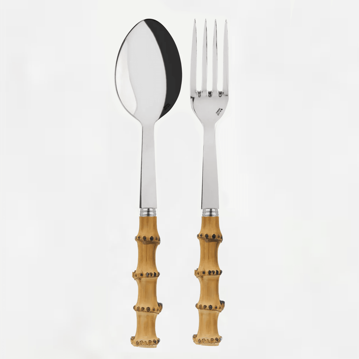 Bamboo 2-piece serving set: 10.5"L 18/10 stainless steel spoon and fork with natural bamboo handles.