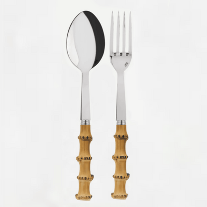 Bamboo 2-piece serving set: 10.5"L 18/10 stainless steel spoon and fork with natural bamboo handles.