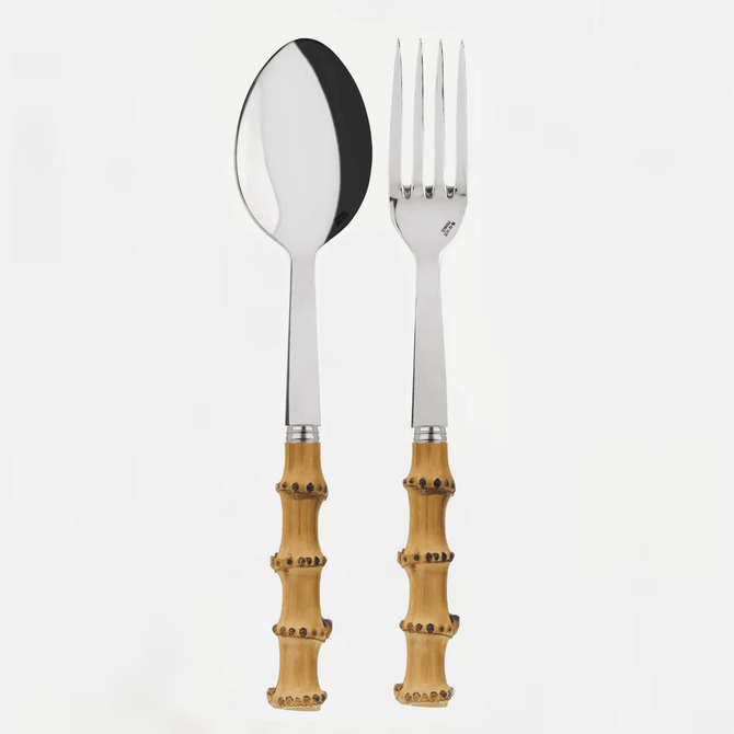 Bamboo 2-piece serving set: 10.5"L 18/10 stainless steel spoon and fork with natural bamboo handles.