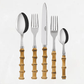 Bamboo 5-piece flatware set with 18/10 stainless steel and natural bamboo handles.
