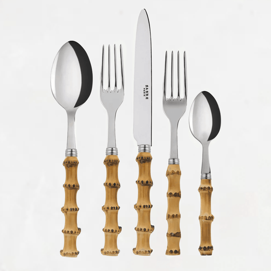 Bamboo 5-piece flatware set with 18/10 stainless steel and natural bamboo handles.