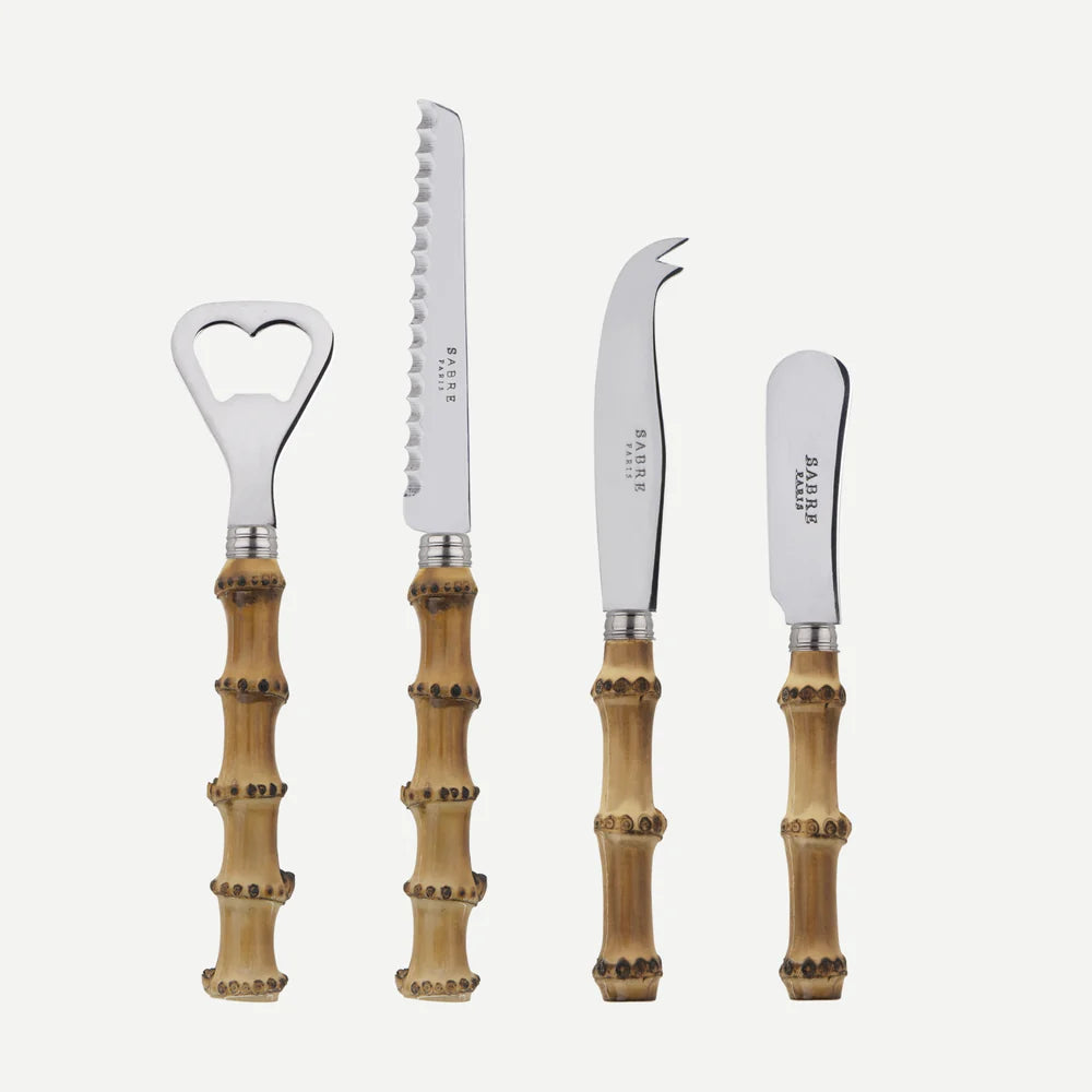 Bamboo Aperitif Set: bottle opener, tomato knife, cheese knife, butter spreader with stainless steel blades.