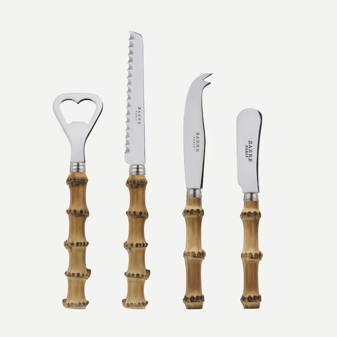 Bamboo Aperitif Set: bottle opener, tomato knife, cheese knife, butter spreader with stainless steel blades.