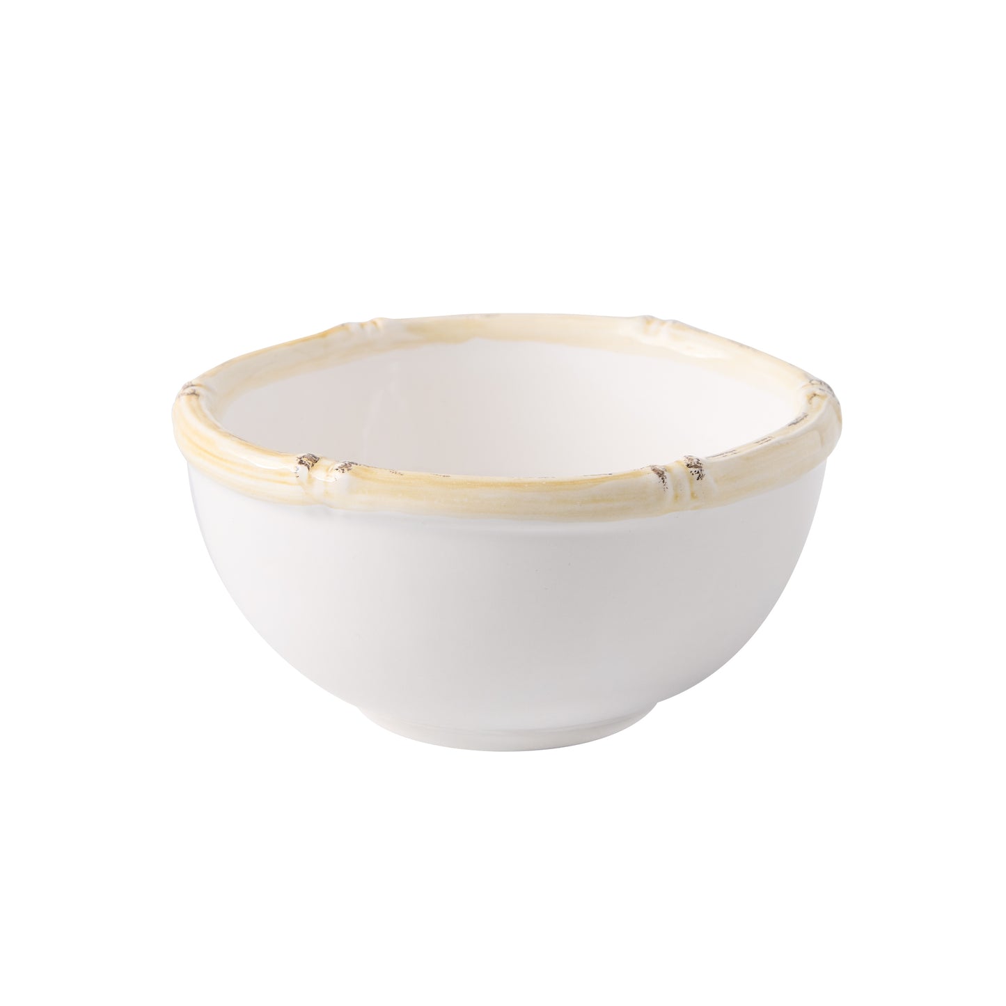 White ceramic nut bowl with a natural-edged, painted bamboo-style rim.