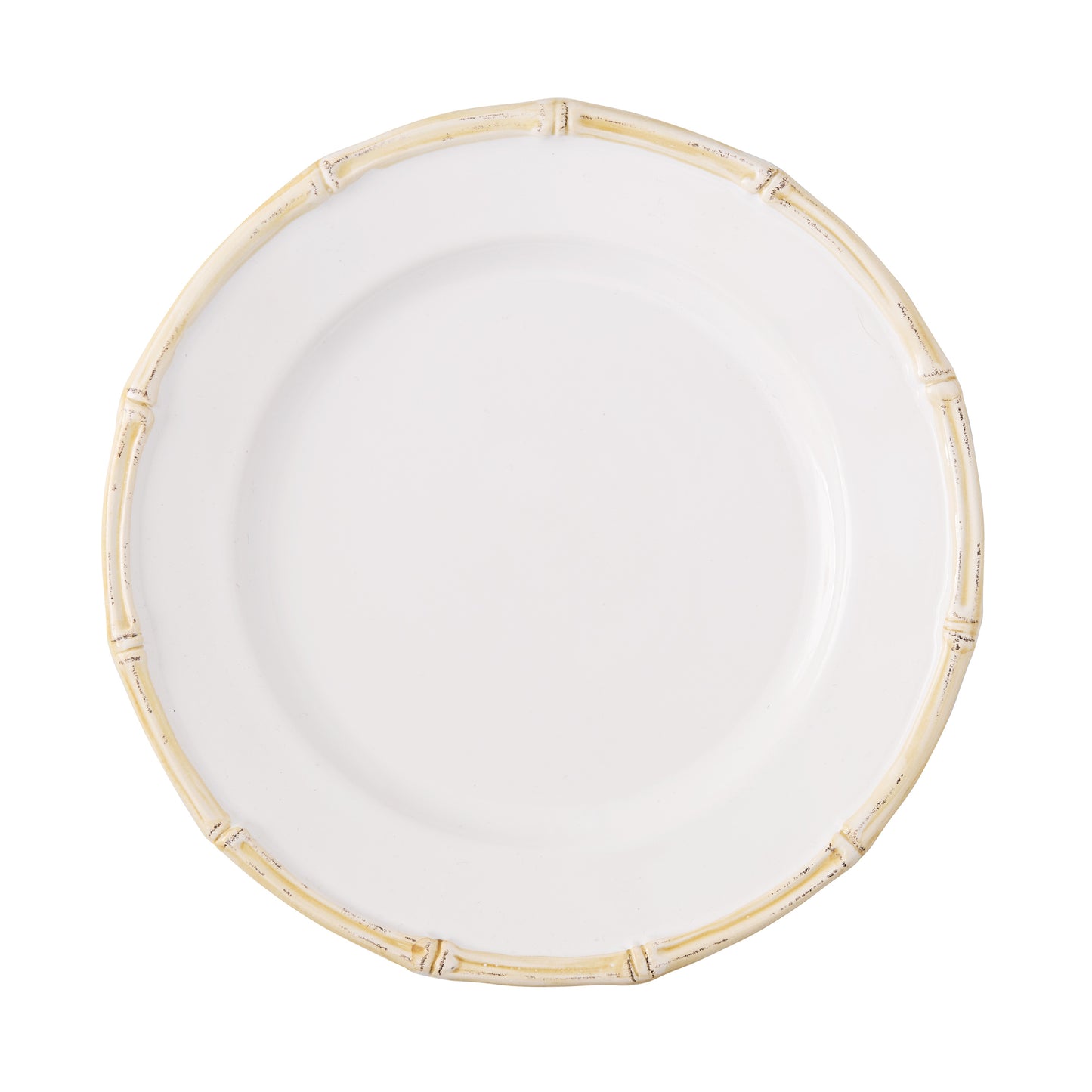 White ceramic salad plate with a natural edge, 8.5" diameter, featuring a molded bamboo design.