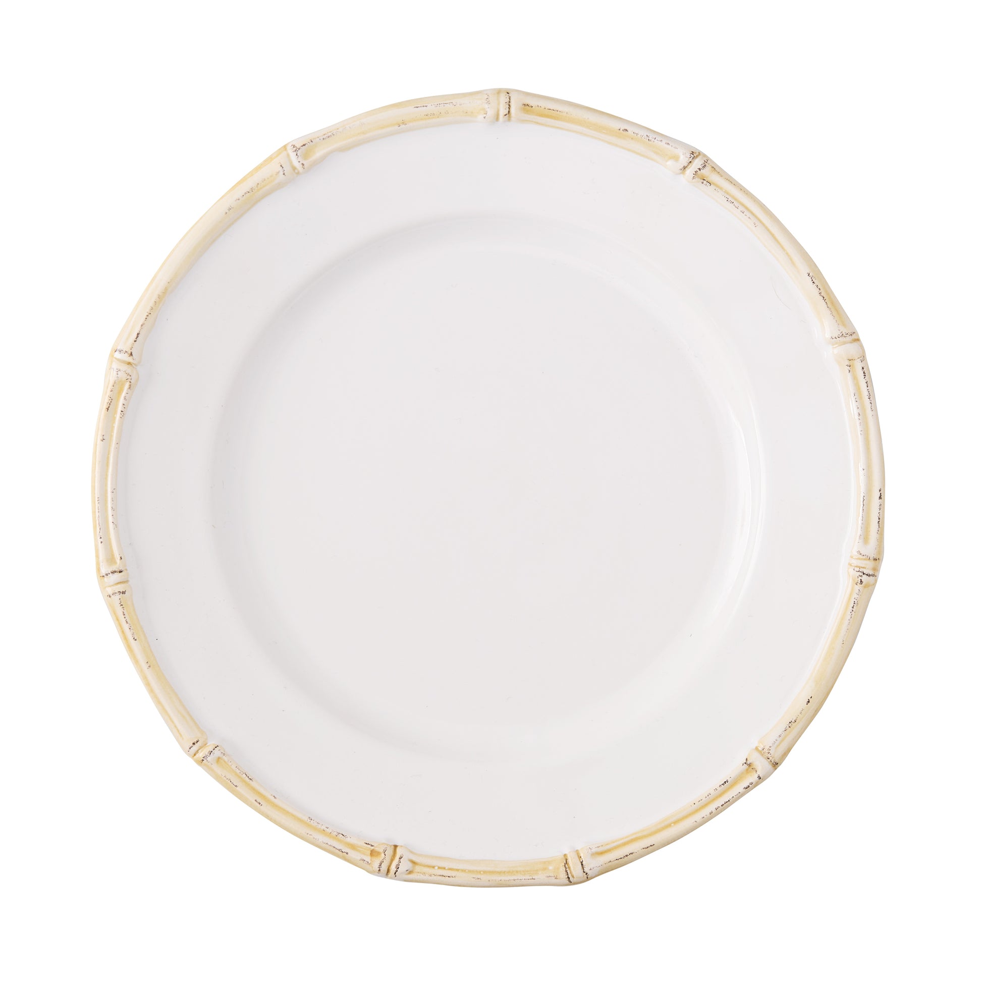 White ceramic salad plate with a natural edge, 8.5" diameter, featuring a molded bamboo design.