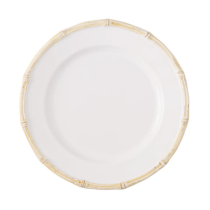 White ceramic salad plate with a natural edge, 8.5" diameter, featuring a molded bamboo design.