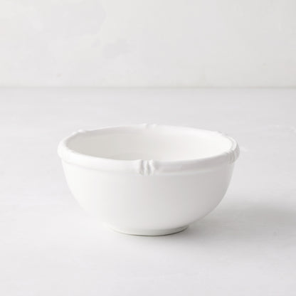 White ceramic nut bowl with molded bamboo detailing, 5" Dia x 2.25" H.