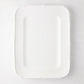 White ceramic rectangular serving platter with a molded bamboo-style edge, 17"L x 13"W.
