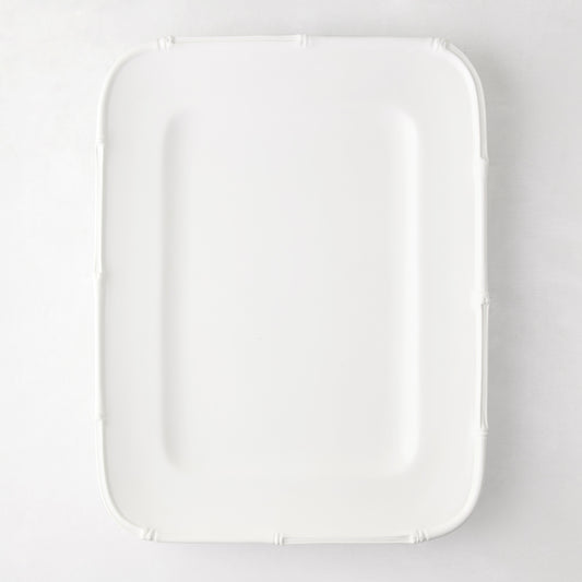 White ceramic rectangular serving platter with a molded bamboo-style edge, 17"L x 13"W.