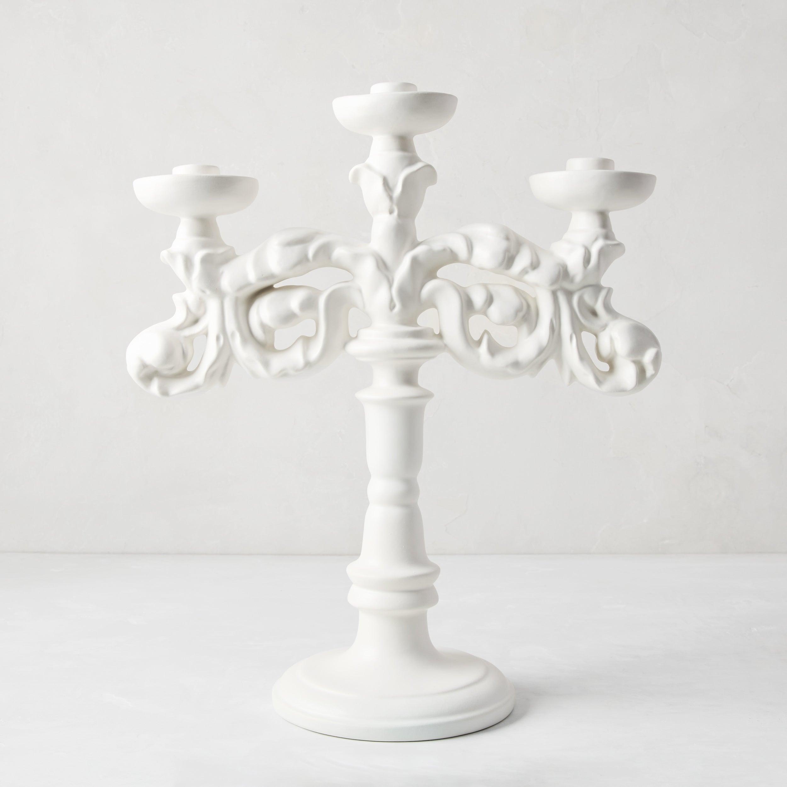 Baroque Matte White Ceramic Candelabra - Hudson Grace