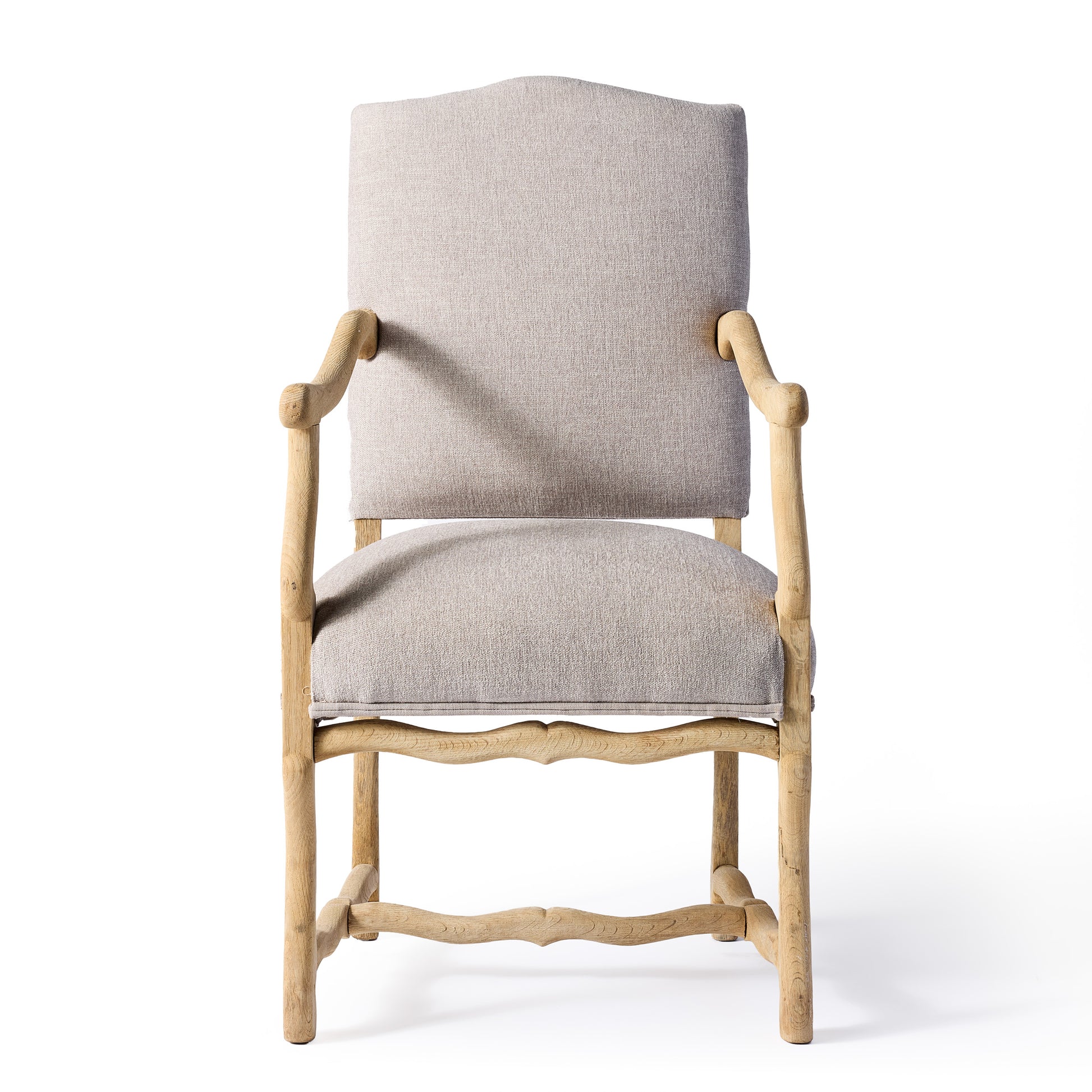 Belgian vintage armchair in bleached oak with neutral linen upholstery and rustic hand-hewn wooden frame.