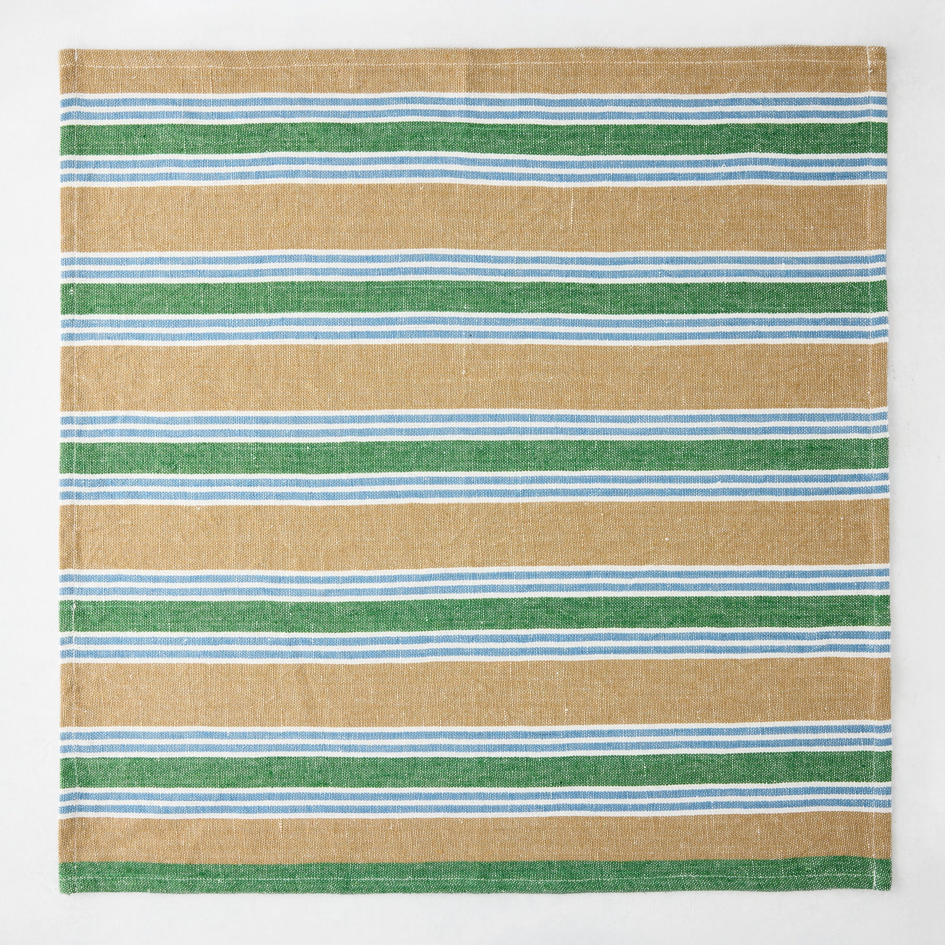 Bennett Khaki and Green Mixed Stripe Cotton Napkin, 22" square, with thin white and blue stripes.