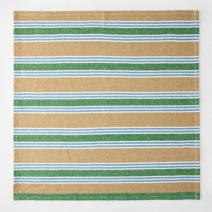 Bennett Khaki and Green Mixed Stripe Cotton Napkin, 22" square, with thin white and blue stripes.