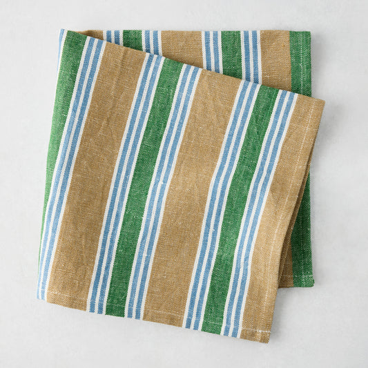 Bennett Khaki and Green Mixed Stripe Cotton Napkin, 22" square.
