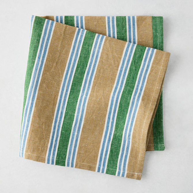 Bennett Khaki and Green Mixed Stripe Cotton Napkin, 22" square.