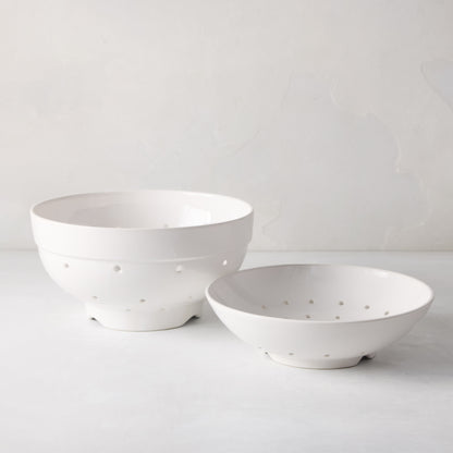 White ceramic Berry Bowl and Colander gift set, handmade in Italy.
