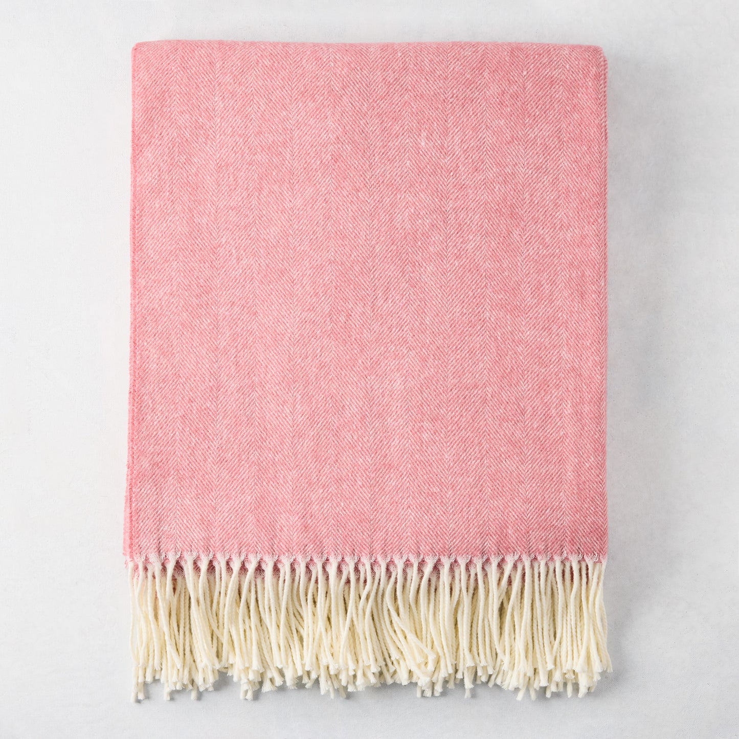Berry Sorbet Pink Italian Herringbone Throw Blanket, 51"x67" cotton-acrylic with cream fringe.