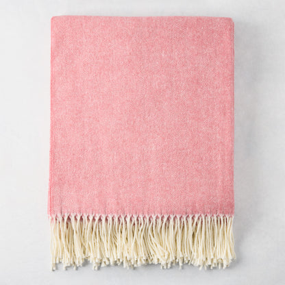 Berry Sorbet Pink Italian Herringbone Throw Blanket, 51"x67" cotton-acrylic with cream fringe.