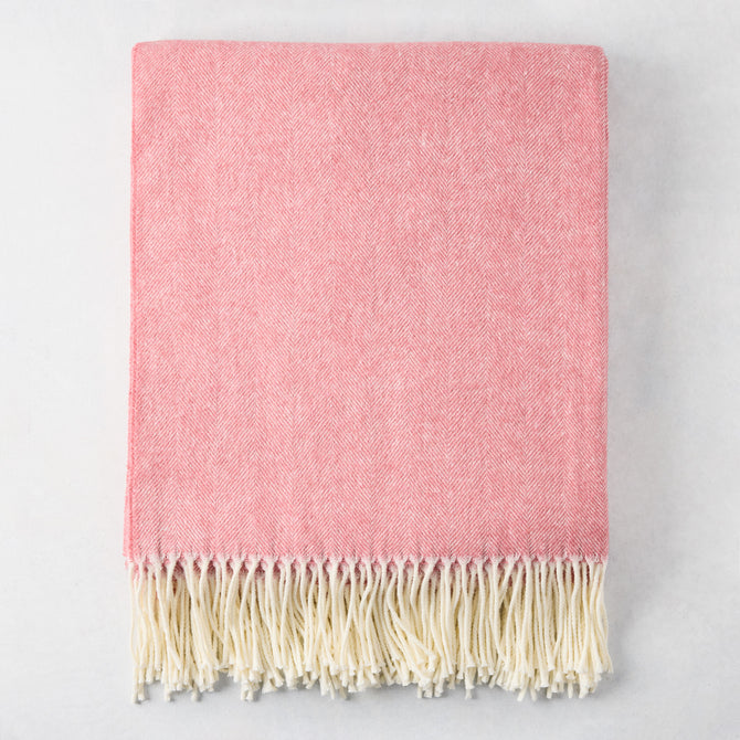 Berry Sorbet Pink Italian Herringbone Throw Blanket, 51"x67" cotton-acrylic with cream fringe.