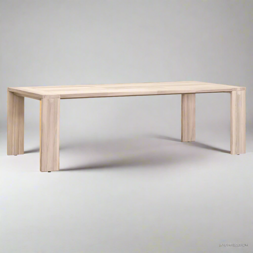 Big Sur Dining Table, solid light natural teak wood, sleek minimalist design.