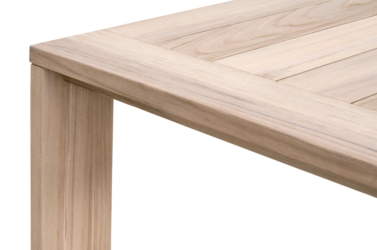 Big Sur Dining Table corner, solid teak wood with natural grain, minimalist design.